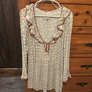 Free People Cream Ruffled Tie Front Mini Dress